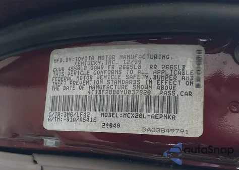 2000 Toyota Avalon Xl z USA, uszkodzony, nr VIN 4T1BF28B0YU037820